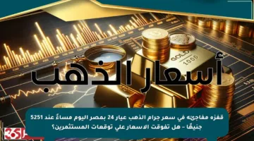 قفزة مفاجئة في سعر جرام الذهب عيار 24 بمصر اليوم مساءً عند 5251 جنيهًا – هل تفوقت الأسعار على توقعات المستثمرين؟